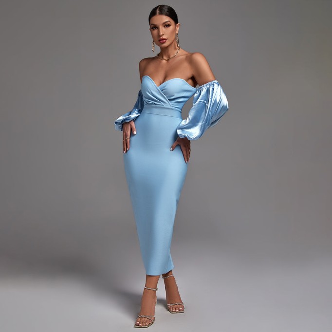 Off Shoulder Puff Sleeve Frill Midi Bandage Dress