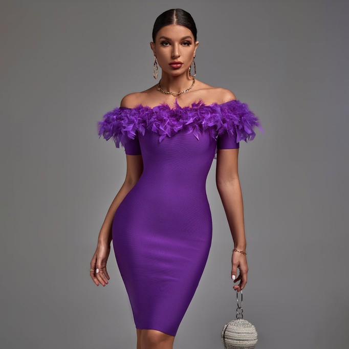 Off Shoulder Short Sleeve Feather Midi Bandage Dress