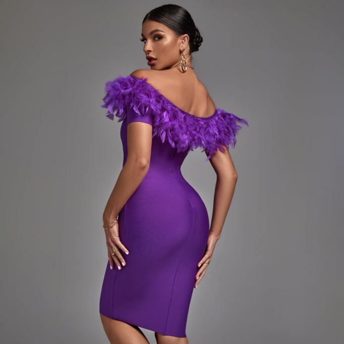 Off Shoulder Short Sleeve Feather Midi Bandage Dress