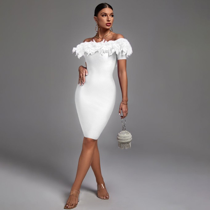 Off Shoulder Short Sleeve Feather Midi Bandage Dress