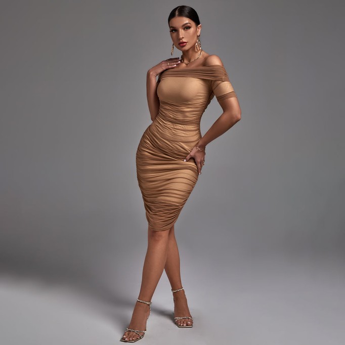 Off Shoulder Short Sleeve Ruched Midi Bodycon Dress