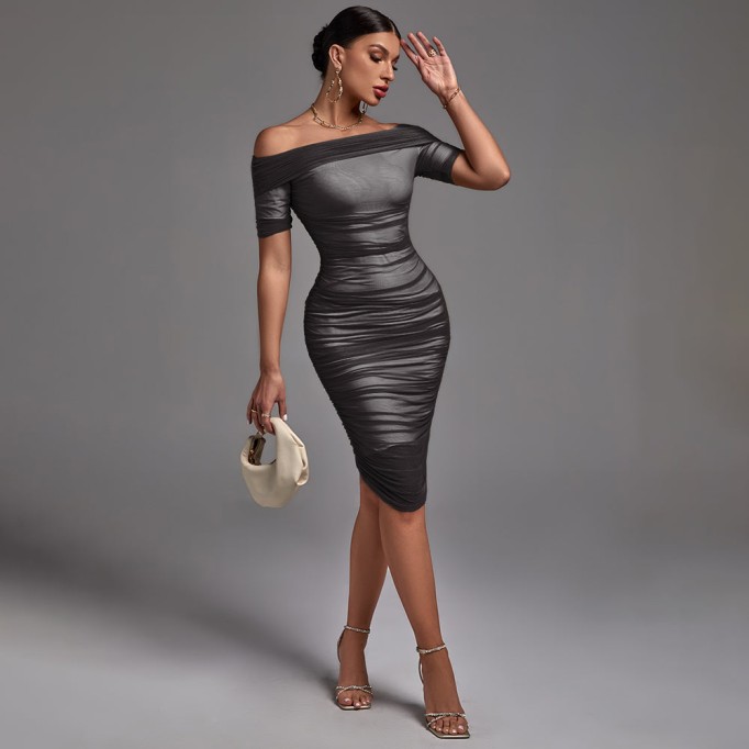 Off Shoulder Short Sleeve Ruched Midi Bodycon Dress