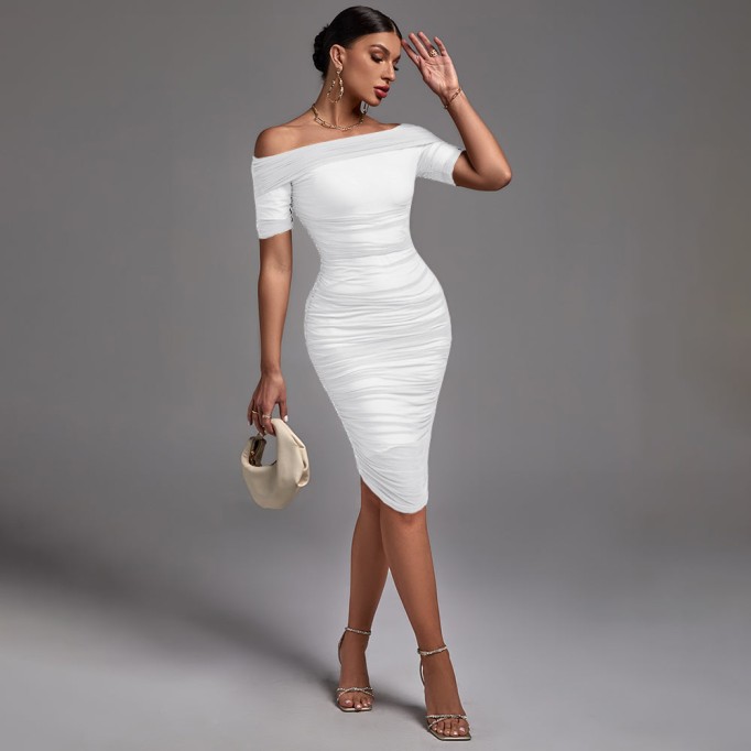 Off Shoulder Short Sleeve Ruched Midi Bodycon Dress