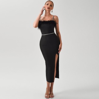 Strappy Sleeveless Feather Midi Bandage Dress