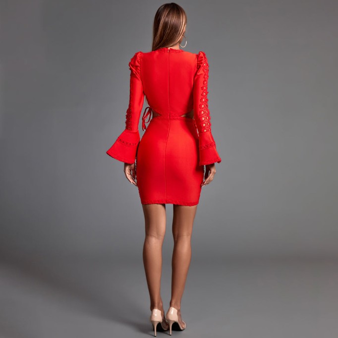 Round Neck Long Sleeve Cut Out Mini Bandage Dress