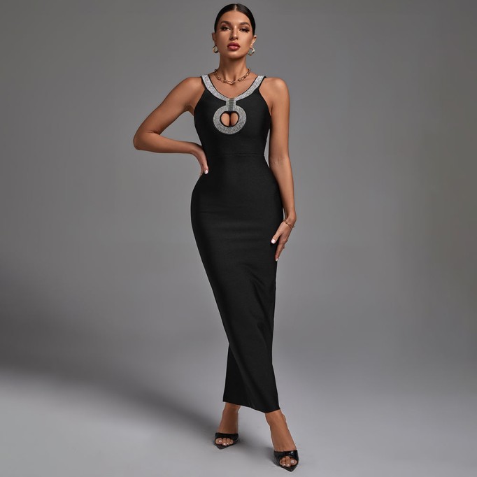 Crystal Embroidered Cutout Maxi Bandage Dress