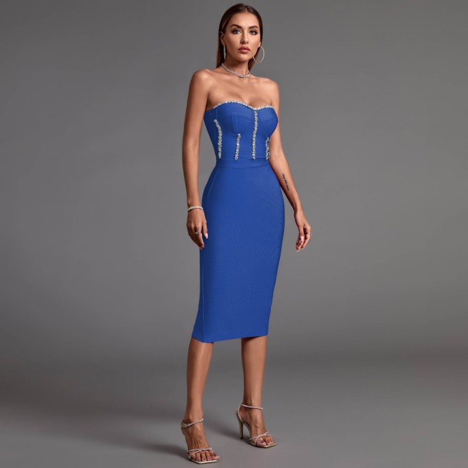 Strapless Drill Chain Midi Bandage Dress