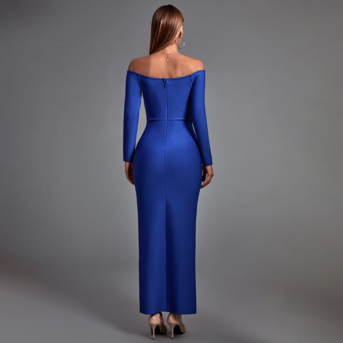 Off Shoulder Long Sleeve Slit Maxi Bandage Dress