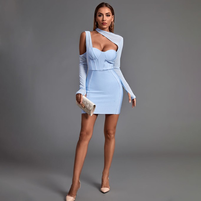 Long Sleeve Asymmetrical Mini Bandage Dress