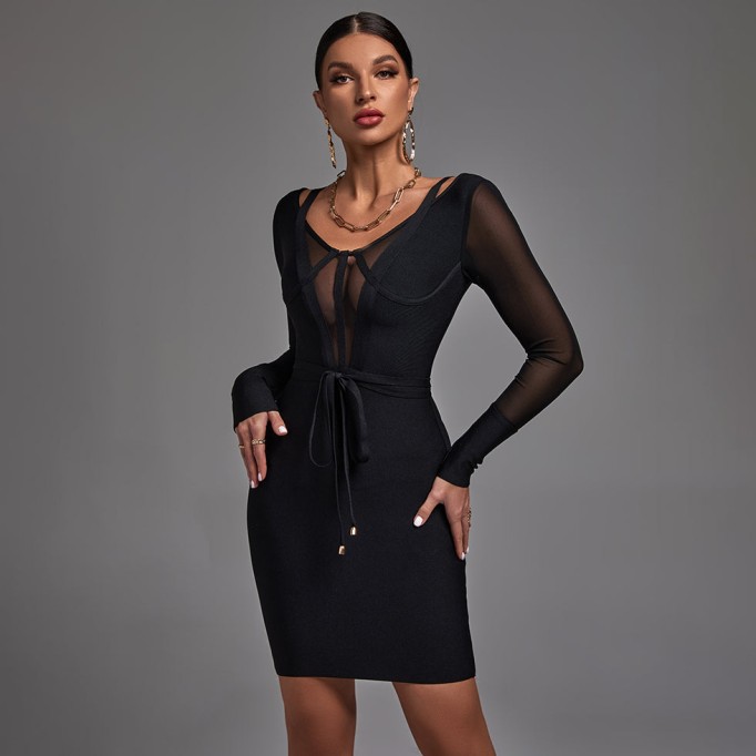 V Neck Long Sleeve Mesh Bandage Dress