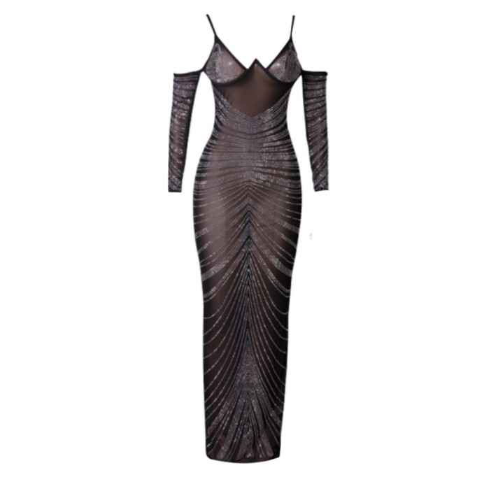 Strappy Long Sleeve Maxi Rhinestone Bandage Dress PZC1752