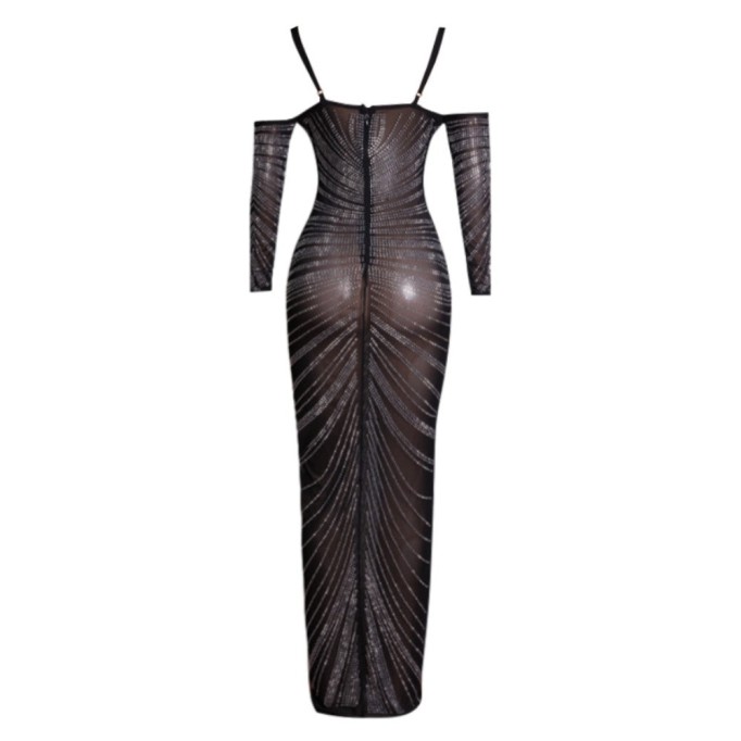 Strappy Long Sleeve Maxi Rhinestone Bandage Dress PZC1752