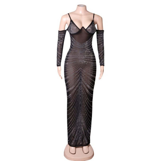 Strappy Long Sleeve Maxi Rhinestone Bandage Dress PZC1752