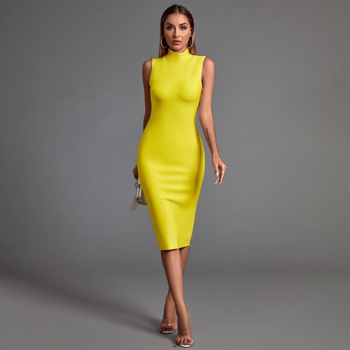 High Neck Plain Midi Bandage Dress