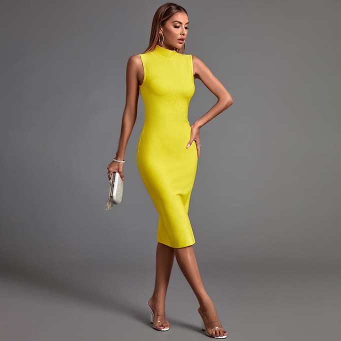 High Neck Plain Midi Bandage Dress