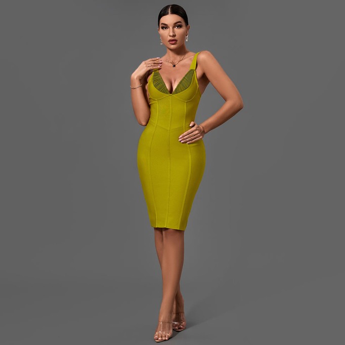 Mustard Strappy Midi Bandage Dress