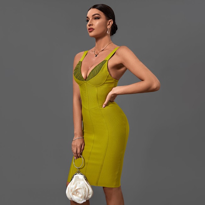 Mustard Strappy Midi Bandage Dress