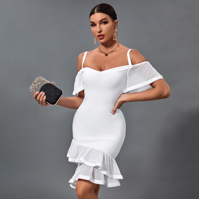 Short Sleeve Strappy Frill Midi Bandage Dress