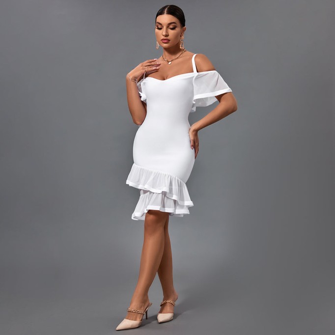 Short Sleeve Strappy Frill Midi Bandage Dress