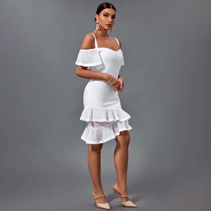 Short Sleeve Strappy Frill Midi Bandage Dress