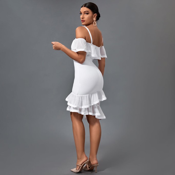 Short Sleeve Strappy Frill Midi Bandage Dress