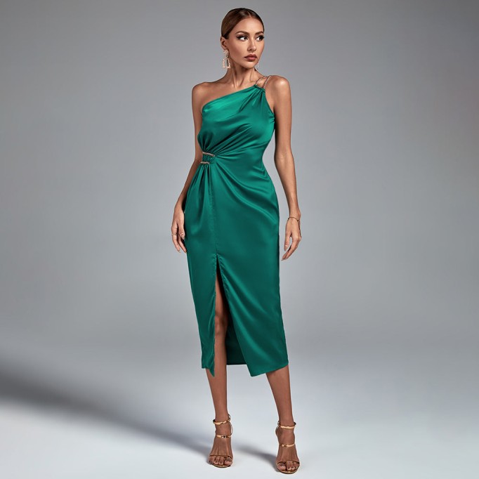 One Shoulder Sleeveless Midi Chain Bodycon Dress