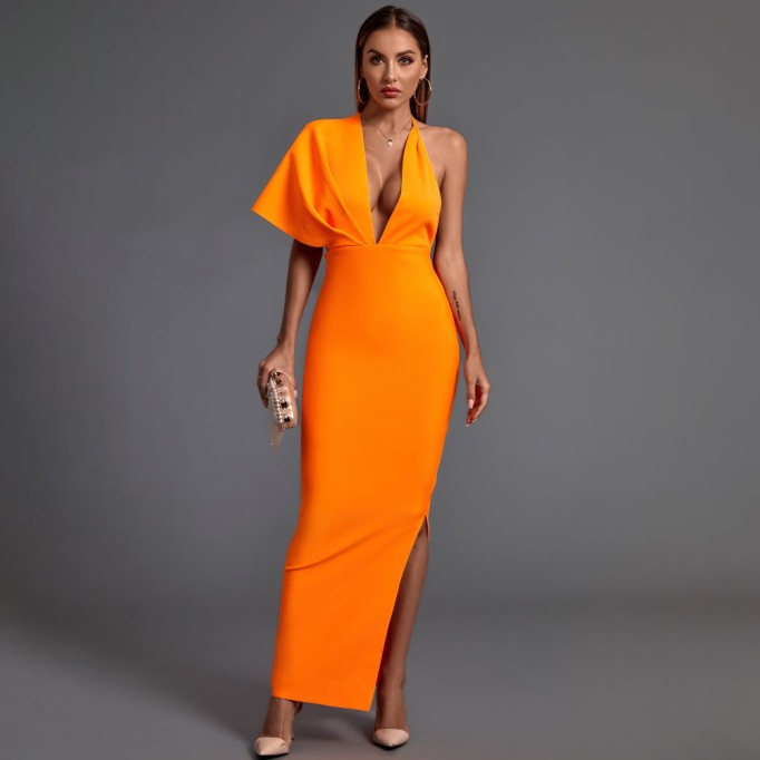 V Neck Short Sleeve Backless Maxi Bandage Dress