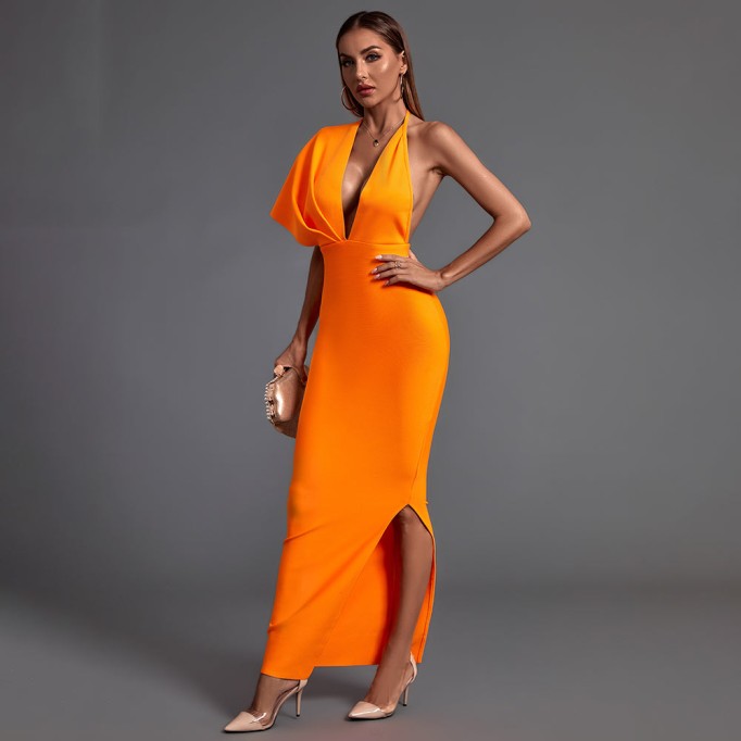 V Neck Short Sleeve Backless Maxi Bandage Dress