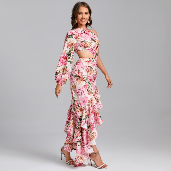 One Shoulder Cut Out Floral Maxi Dress