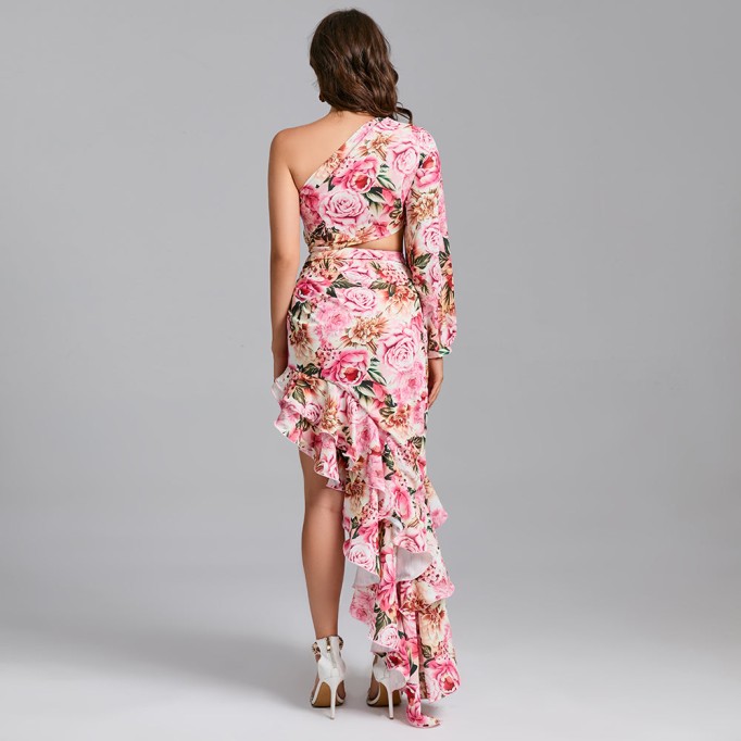 One Shoulder Cut Out Floral Maxi Dress