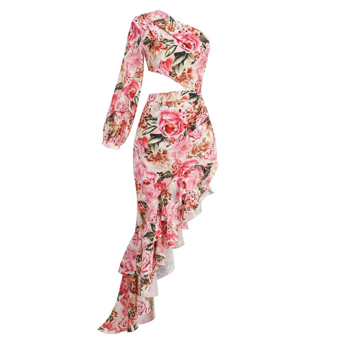 One Shoulder Cut Out Floral Maxi Dress