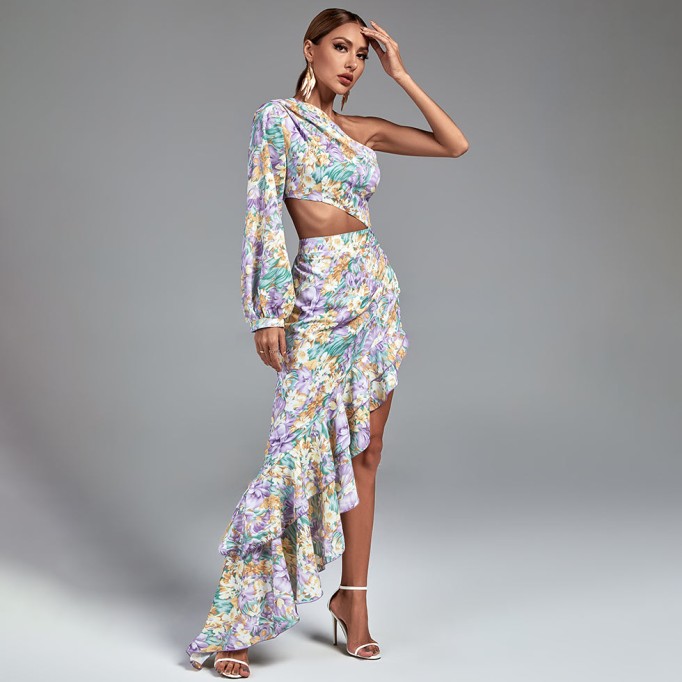 One Shoulder Cut Out Floral Maxi Dress