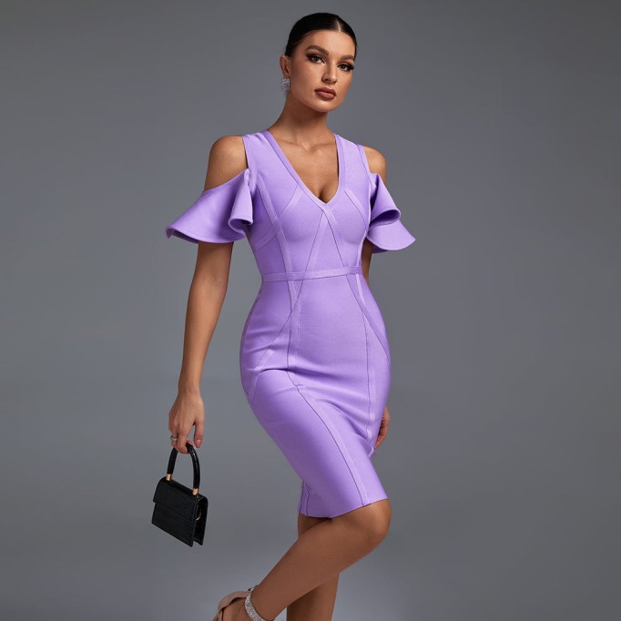 V Neck Short Sleeve Midi Striped Bandage Dress