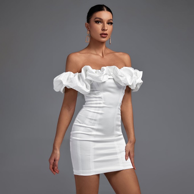 Off Shoulder Short Sleeve Frill Mini Bodycon Dress