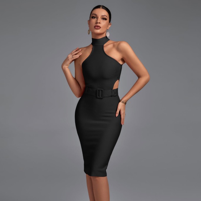 High Neck Sleeveless Cut Out With Belt Bandage Dress