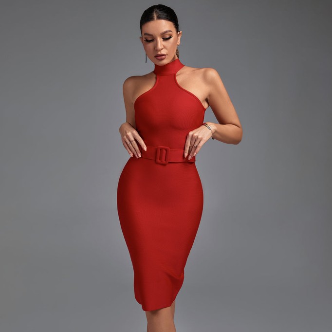 High Neck Sleeveless Cut Out With Belt Bandage Dress