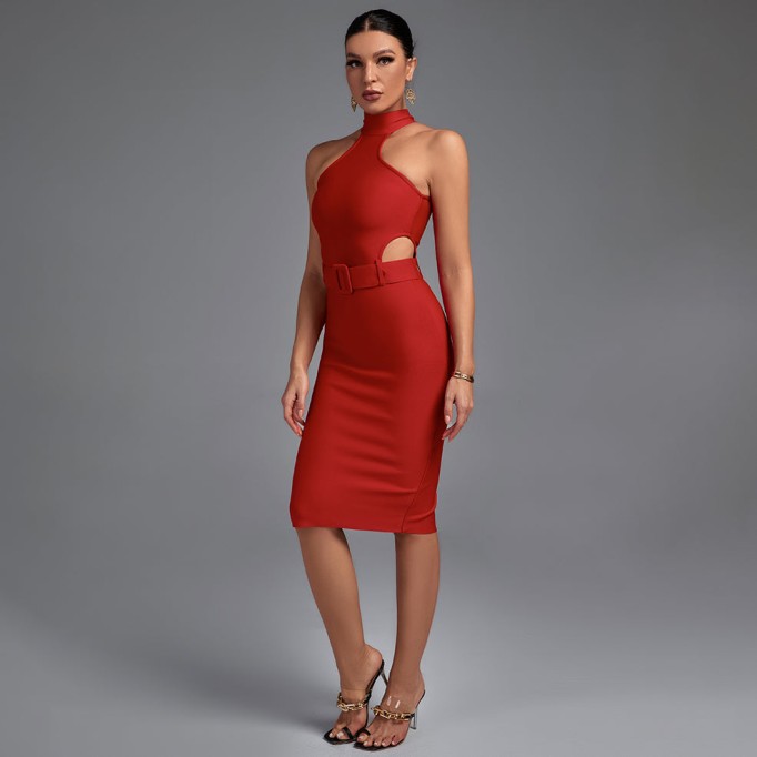 High Neck Sleeveless Cut Out With Belt Bandage Dress