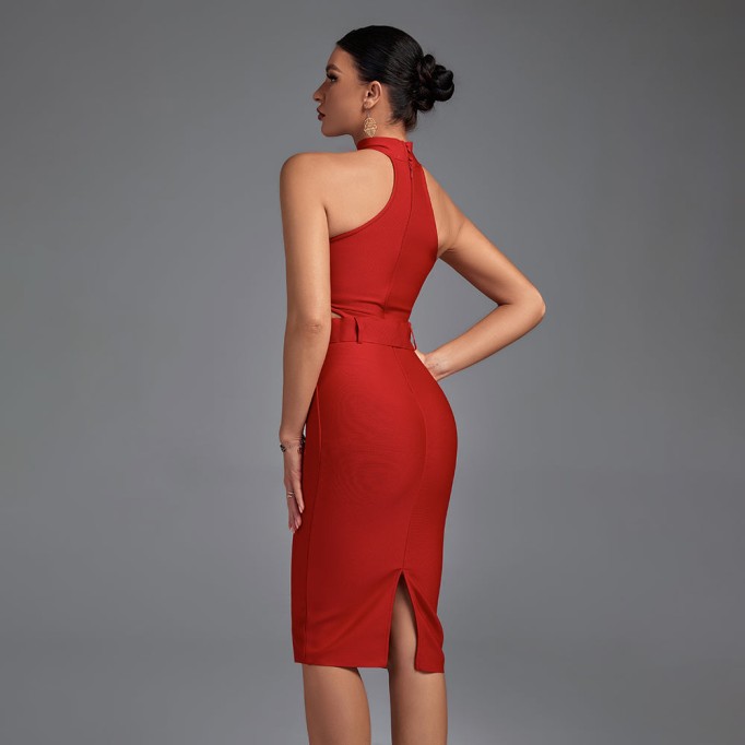 High Neck Sleeveless Cut Out With Belt Bandage Dress