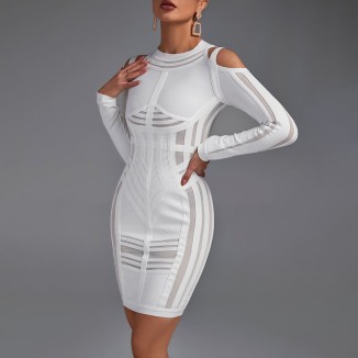 Strappy Long Sleeve Sidestripe Over Knee Bandage Dress