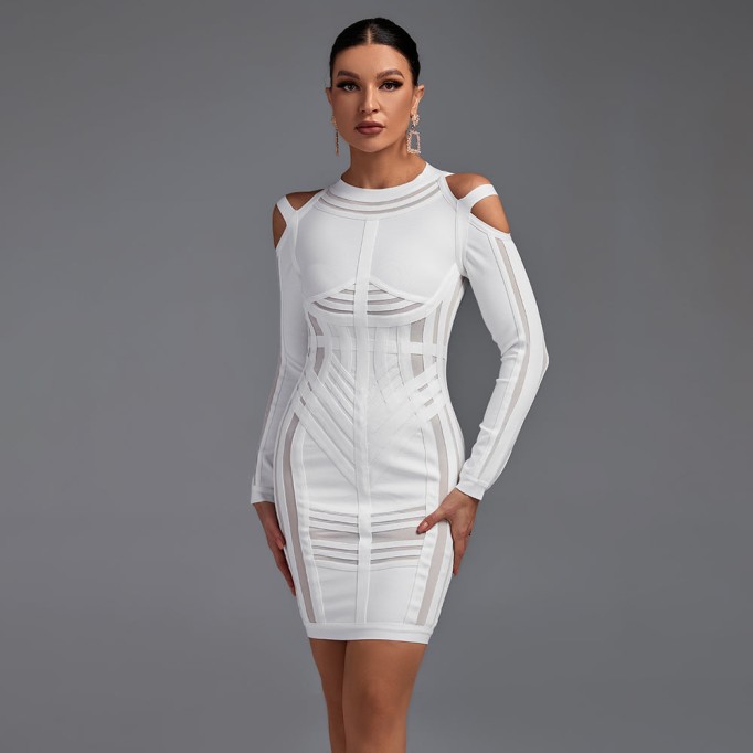 Strappy Long Sleeve Sidestripe Over Knee Bandage Dress