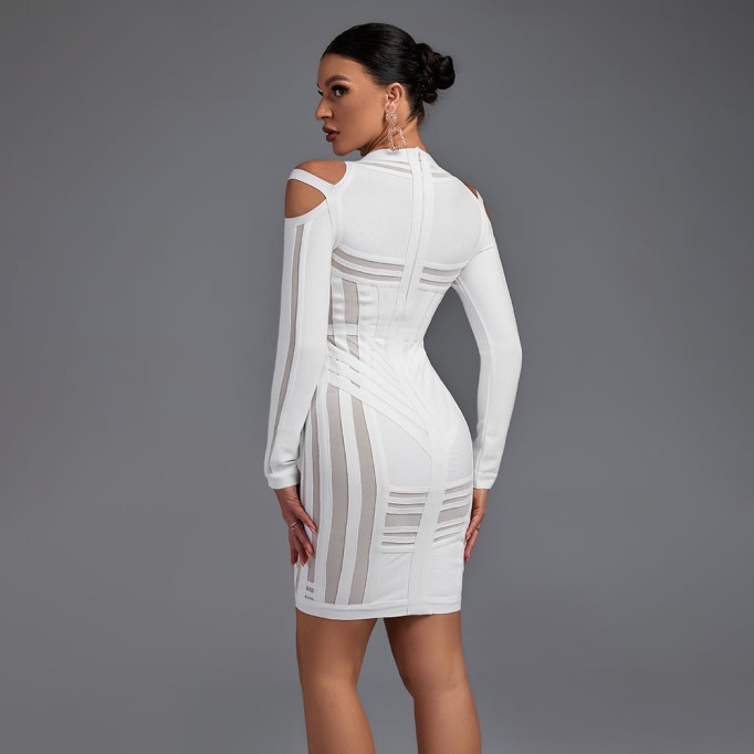 Strappy Long Sleeve Sidestripe Over Knee Bandage Dress