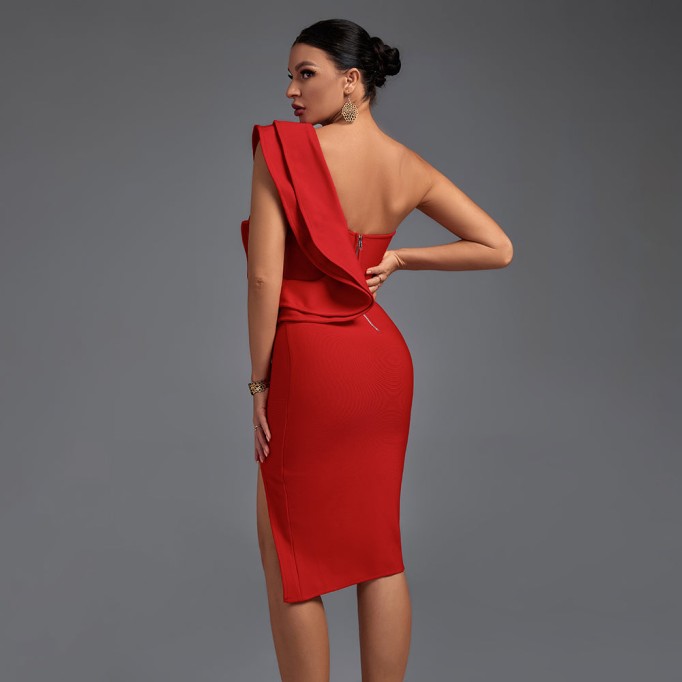 One Shoulder Sleeveless Frill Over Knee Bandage Dress