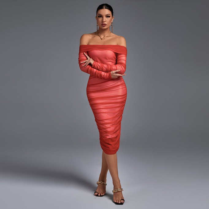 Off Shoulder Ruched Midi Bodycon Dress