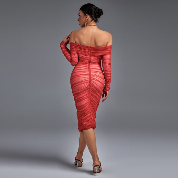 Off Shoulder Ruched Midi Bodycon Dress