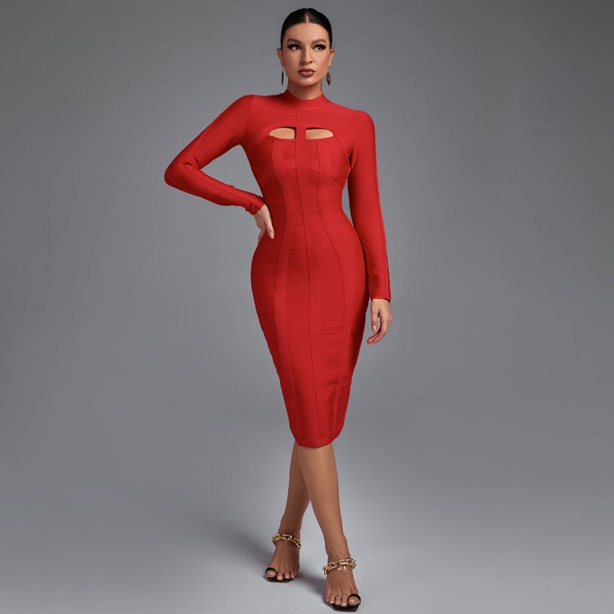 High Neck Long Sleeve Cut Out Over Knee Bandage Dress