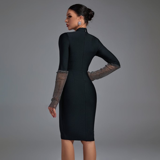 High Neck Long Sleeve Rhinestone Midi Bandage Dress