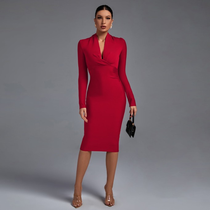 V Neck Long Sleeve Bandage Dress