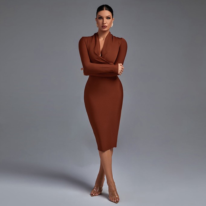 V Neck Long Sleeve Bandage Dress