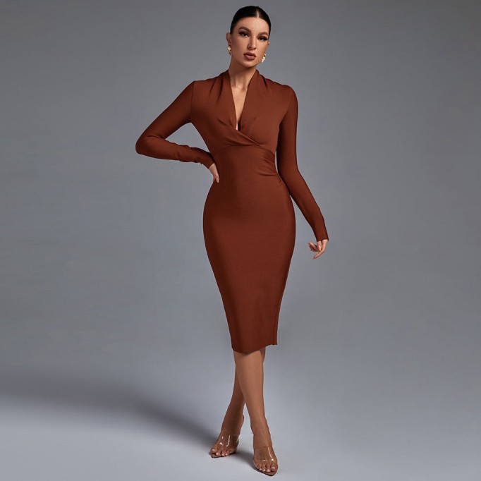 V Neck Long Sleeve Bandage Dress