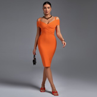 V Neck Mid Sleeve Striped Over Knee Bandage Dress